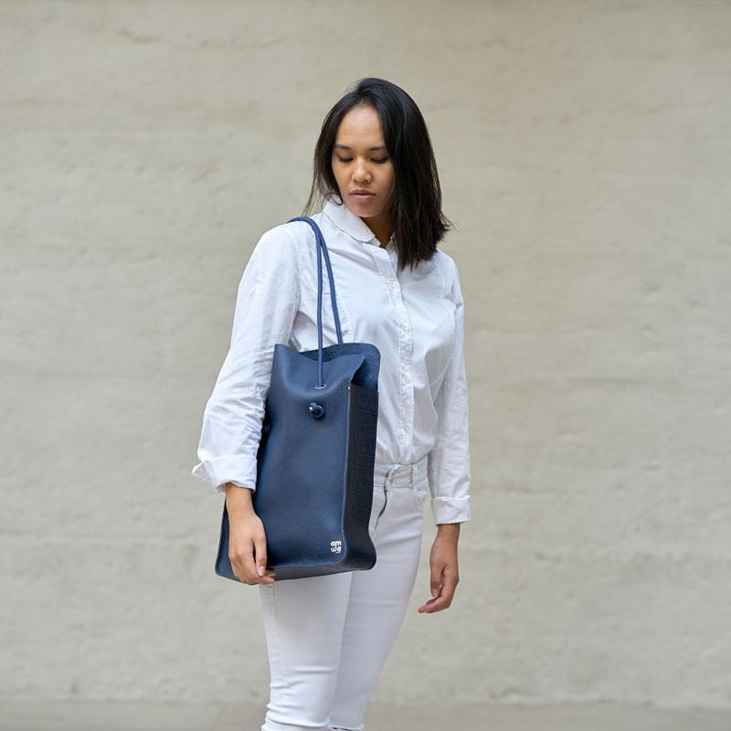 Sac Zelius CUIR Bleu Denim Alligator style | Anse Encre