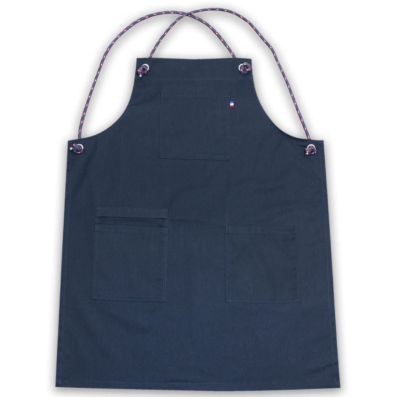 Tablier style japonais marine avec bretelles Encre Capitaine – Made in France, vue de face.