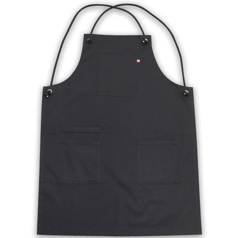 Tablier style japonais noir avec bretelles croisées, fabrication française en Bourgogne.